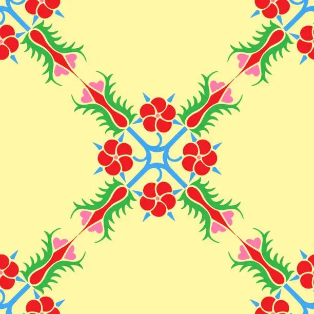 Vector illustration of Seamless repeatable pattern. Leaves and flowers. Modern geometric Folk style. Colorful and smart graphic design. Vector EPS10.