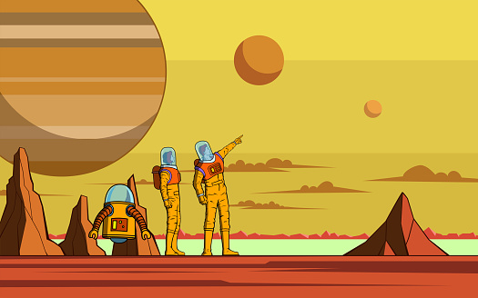 Vector Retro Astronaut Couple Exploring a New Planet Cartoon Stock Illustration