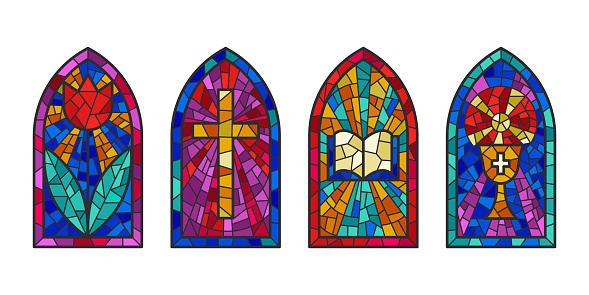 Church glass windows. Stained mosaic catholic frames with cross, book and religious symbols. Vector set isolated on white background.