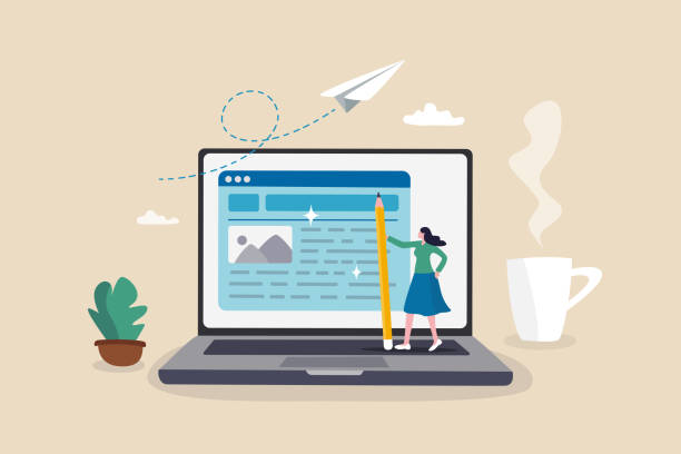 ilustrações de stock, clip art, desenhos animados e ícones de content writer, blogger or bullet journal, publishing editor or writing article online, copywriter for advertising, freelance journalist concept, creative woman holding pencil with content on website. - contente