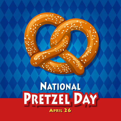 Celebrate National Pretzel Day with salty pretzel on the blue diamond shaped background