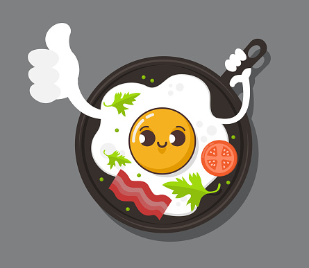 Funny omelette cute character. Fried egg logo template. Morning breakfast vector design. Fast food and rosemary logotype. Design for print, emblem, t-shirt, party decoration, sticker, logotype