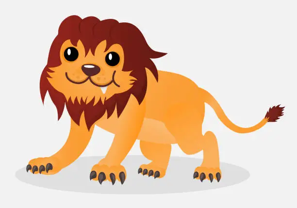 Vector illustration of Cartoon happy cute vector little playful lion. Design for print, emblem, t-shirt, party decoration, sticker, logotype.