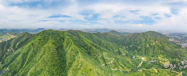 Panoramic view from the West Peak summit of the inspiring, sacred and majestic Huashan mountain, famous tourist attraction, Shaanxi province, China