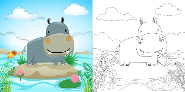 Vector illustration of Cartoon of hippo in swamp on blue sky background
