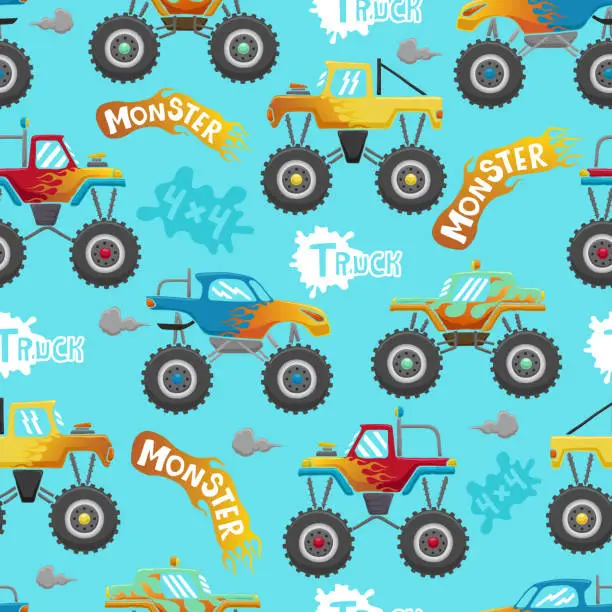 Vector illustration of Seamless pattern of monster truck cartoon
