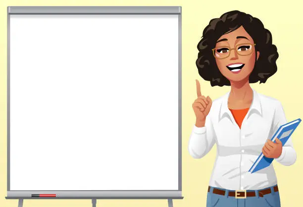 Vector illustration of Young Woman Standing Beside A Whiteboard