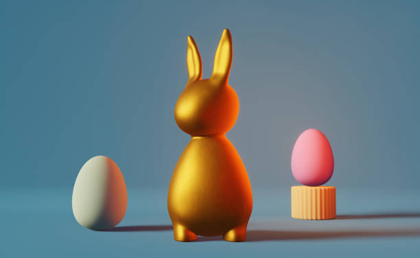 istock Shiny golden bunny eggs blue neon light 3d rendering Contemporary creative minimalist style pop-art greeting card. 1469912656