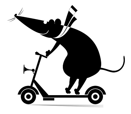 Cartoon rat or mouse rides on an ecologically clean urban vehicle. Black and white illustration