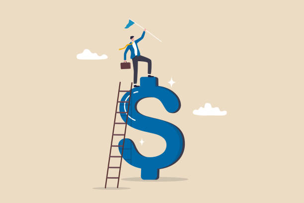 financial-success-businessman Financial success, income growth or business achievement, making money or profit, investment for financial freedom, opportunity, income concept, businessman winner holding flag climbing dollar sign. advertising make money stock illustrations