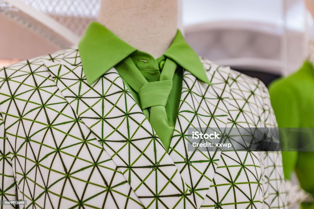 Women's ready-to-wear set of green shirt and tie and coat Backgrounds Stock Photo