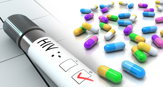 Daily pill organizer with medications on concrete background, top view