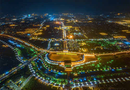 Aerial photography of Changle Gate and Zhengding Food Street in Zhengding Ancient City Wall, Zhengding County, Shijiazhuang City, Hebei Province, China