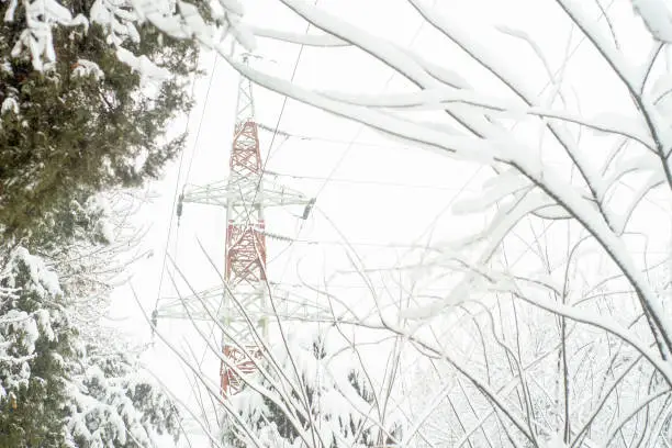 High voltage power line pole between snow covered trees in winter.Background on the theme of energy and transmission of electricity over long distances in difficult conditions,in a cold,snowy climate