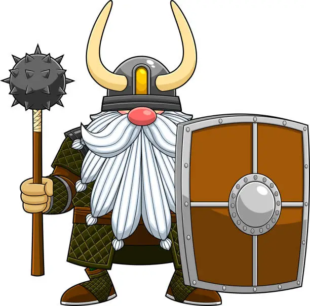 Vector illustration of Gnome Viking Warrior Cartoon Character With Mace And Shield