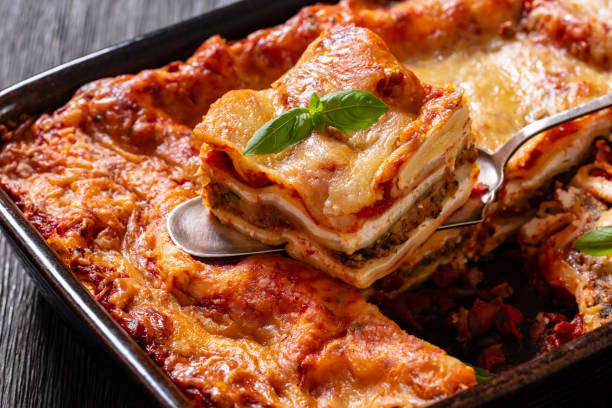 istock portion of Lasagna in baking dish, top view 1469915660