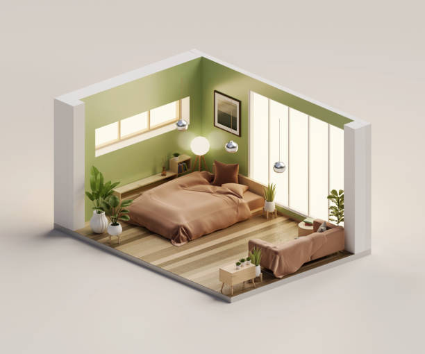 istock Isometric view bed room muji style open inside interior architecture, 3d rendering digital art. 1469915998