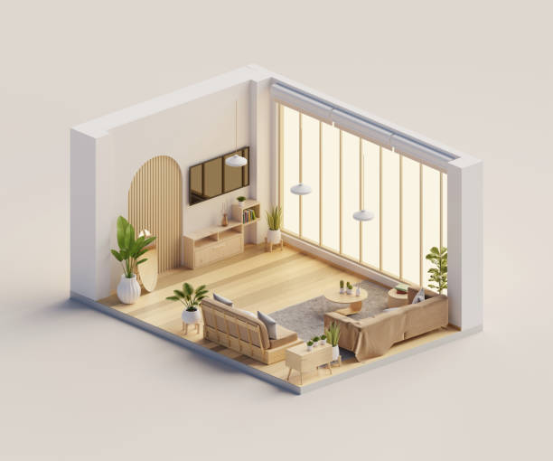 istock Isometric view living room muji style open inside interior architecture, 3d rendering digital art. 1469916002