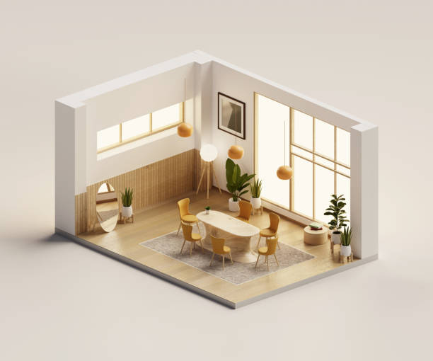 istock Isometric view living room muji style open inside interior architecture, 3d rendering digital art. 1469916024
