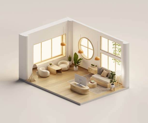 istock Isometric view living room muji style open inside interior architecture, 3d rendering digital art. 1469916056