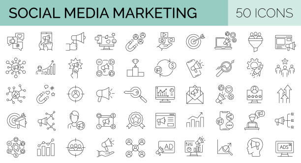 Set of 50 Digital media marketing icons.  Data analytics, SEO, ads, business. Editable Stroke. Vector illustration. vector art illustration