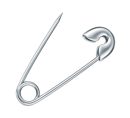 Silver safety pin isolated on white background. 3D rendering with clipping path