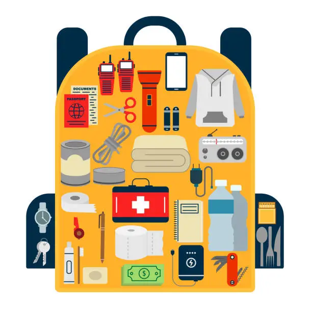 Vector illustration of Backpack with survival kit objects.  survival emergency kit for evacuation or disasters inside the backpack