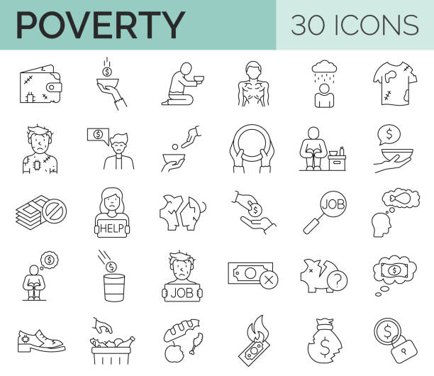 Set of 30 editable stroke line icons related to poverty, homeless, poor man. Vector illustration Set of 30 editable stroke line icons related to poverty, homeless, poor man. Vector illustration malnourished stock illustrations