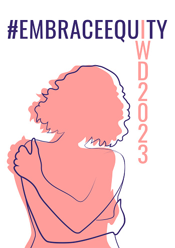 International Women's Day banner with pink woman hugging herself. Embrace equity movement illustration elements. 2023 women's day theme - EmbraceEquity.