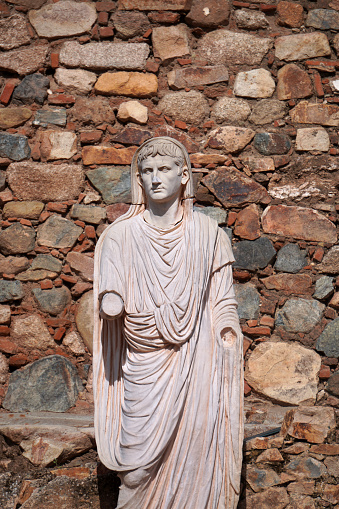 Ancient Roman statue of Caesar Augustus, also known as Octavian, was the first Roman emperor; he reigned from 27 BC until his death in AD 14.