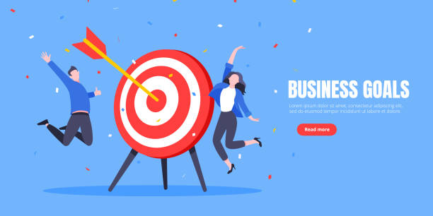 Goal achievement business concept sport target icon and arrow in the bullseye. Goal achievement business concept sport target icon and arrow in the bullseye. Happy people jump in the air near giant target flat style design vector illustration. woman darts stock illustrations