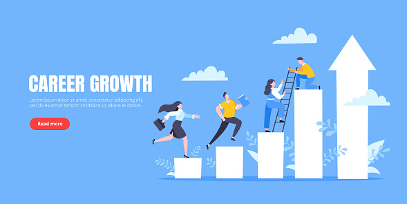 Business mentor helps to improve career and holding stairs steps vector illustration. Mentorship, upskills, climb help and self development strategy flat style design business concept.