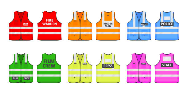 Safety reflective vest with label flat style design vector illustration set. Safety reflective vest with label flat style design vector illustration set. Various color fluorescent security safety work jacket with reflective stripes. Front and back view uniform vest. reflector stock illustrations
