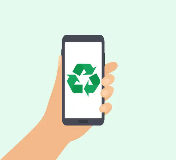Vector illustration of Hand Holding Mobile Phone With Recycling Symbol On Screen. Environmental Conservation And Recycle Concept
