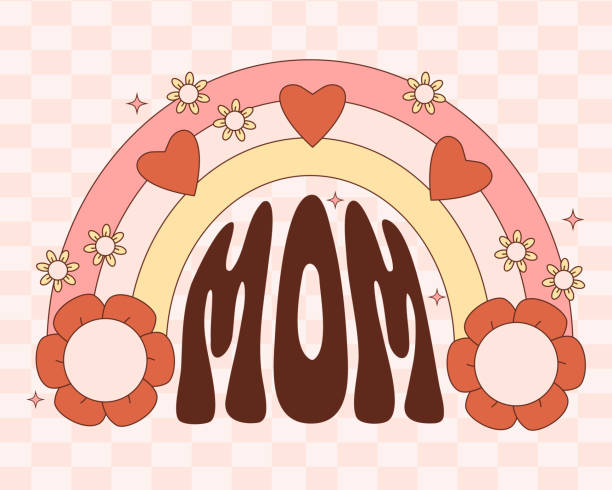 illustrazioni stock, clip art, cartoni animati e icone di tendenza di mamma poster nostalgica. arcobaleno retro groovy con fiori di margherita. illustrazione vettoriale. festa della mamma. stile hippie anni '60, '70, '80. - mothers day mother flower child