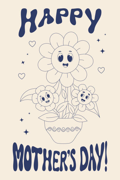 retro trendige groovige gänseblümchen-power. süßer charakter blumentopf familie mutter mit babys. nostalgisches poster muttertag. vektorillustration. monochrome palette. - mothers day mother flower child stock-grafiken, -clipart, -cartoons und -symbole