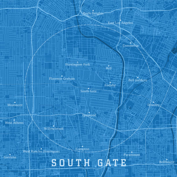 ilustraciones, imágenes clip art, dibujos animados e iconos de stock de south gate ca city vector road map texto azul - cudahy