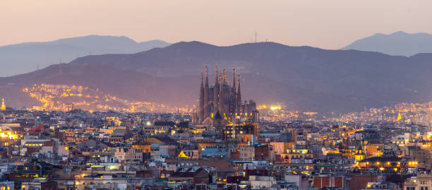 aerial panorama view of barcelona city skyline and sagrada familia at dusk time,spain - sagrada família imagens e fotografias de stock