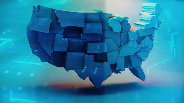 istock Map of USA with states on blue digital background 1469929269