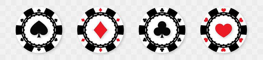 Poker chips gambling icon set isolated on transparent background. Casino plaining white and red chip. Round token with shadow. Vector illustration.