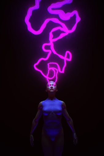 Woman Psychic Waves Rebel Anime Youth Aesthetic Neon Pink Purple Blue Vaporwave 3d illustration render