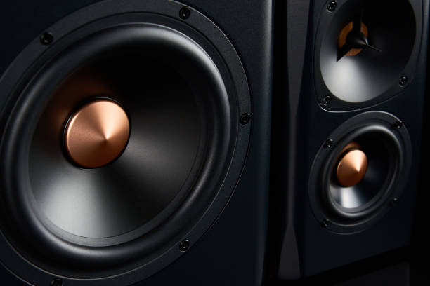 istock Sound speaker on dark background, close up 1469938588