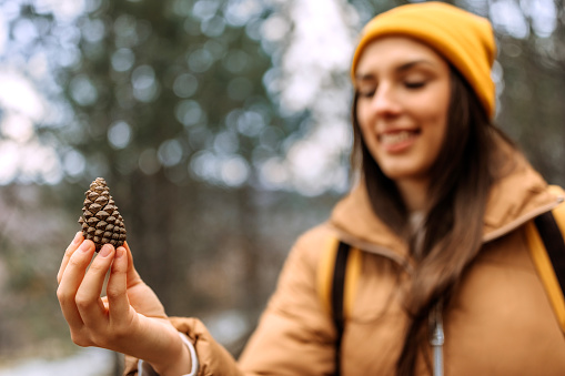 Young beautiful cheerful woman holding pinecone in her hand