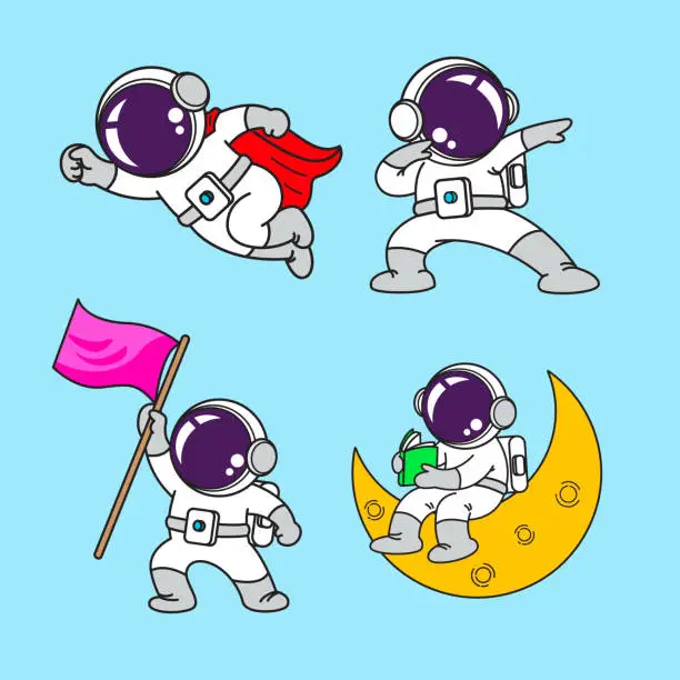 Vector illustration of Astronaut cartoon set, animation , flat design, super hero, Vector