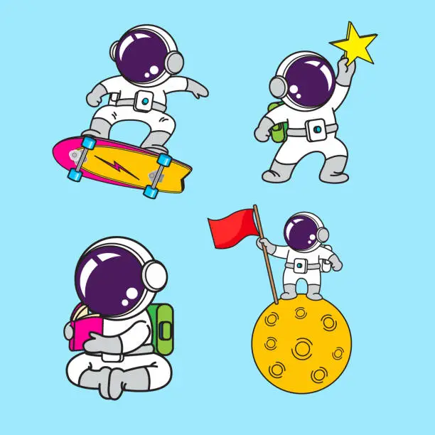 Vector illustration of Astronaut cartoon set, animation , flat design, super hero, Vector