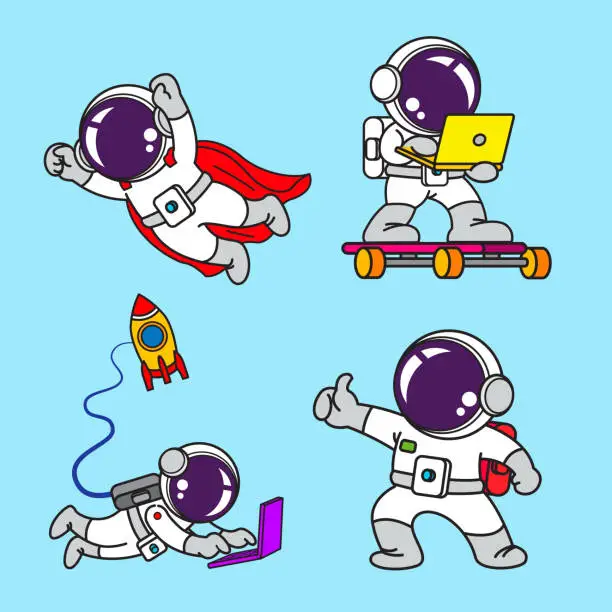 Vector illustration of Astronaut cartoon set, animation , flat design, super hero, Vector