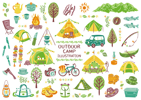 Outdoor leisure camping barbecue icon illustration set / vector illustration