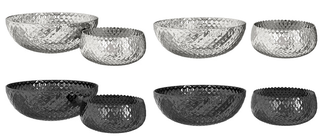 Set of isolated bowls with silver, black finish and hammered texture. Kitchen utensils. Home decor and accents. Home decorative accessories. Isolated interior object. 3d rendering