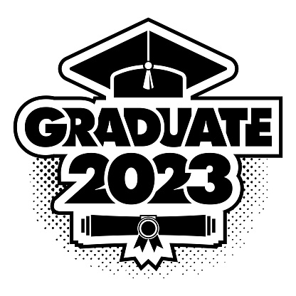 2023 class congrats graduates. The concept of decorate congratulation for school graduates. Design for t-shirt, flyer, invitation, greeting card. Illustration, vector
