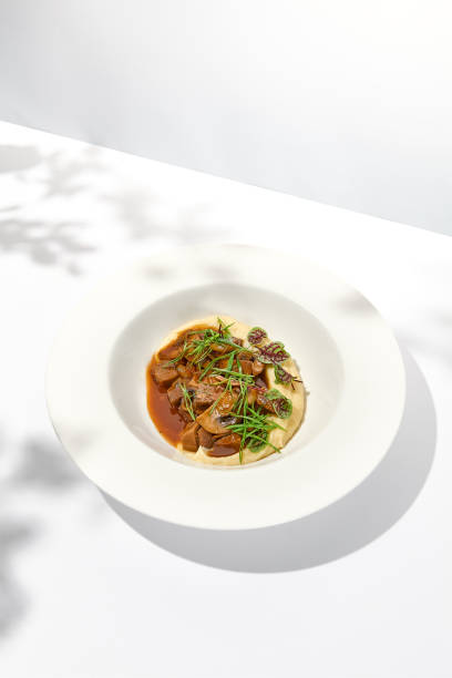 istock Elegant stew beef with mashed potatoes in  restaurant. Beef bourguignon on light background with shadows of leaves Braised black angus meat with potato cream in summer menu 1469942702